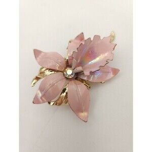 Pink Enamel Iris Brooch Gold Tone With Rhinestone Center 2.5" Unmarked